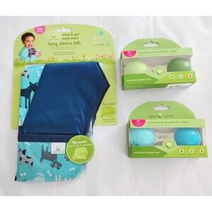 3 - Piece Long Sleeve Boy Bib and Rattle Set - Blue and Green